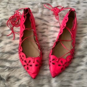 J.CREW F1230 Pink Leather Up Ankle Tie Flats SZ 7